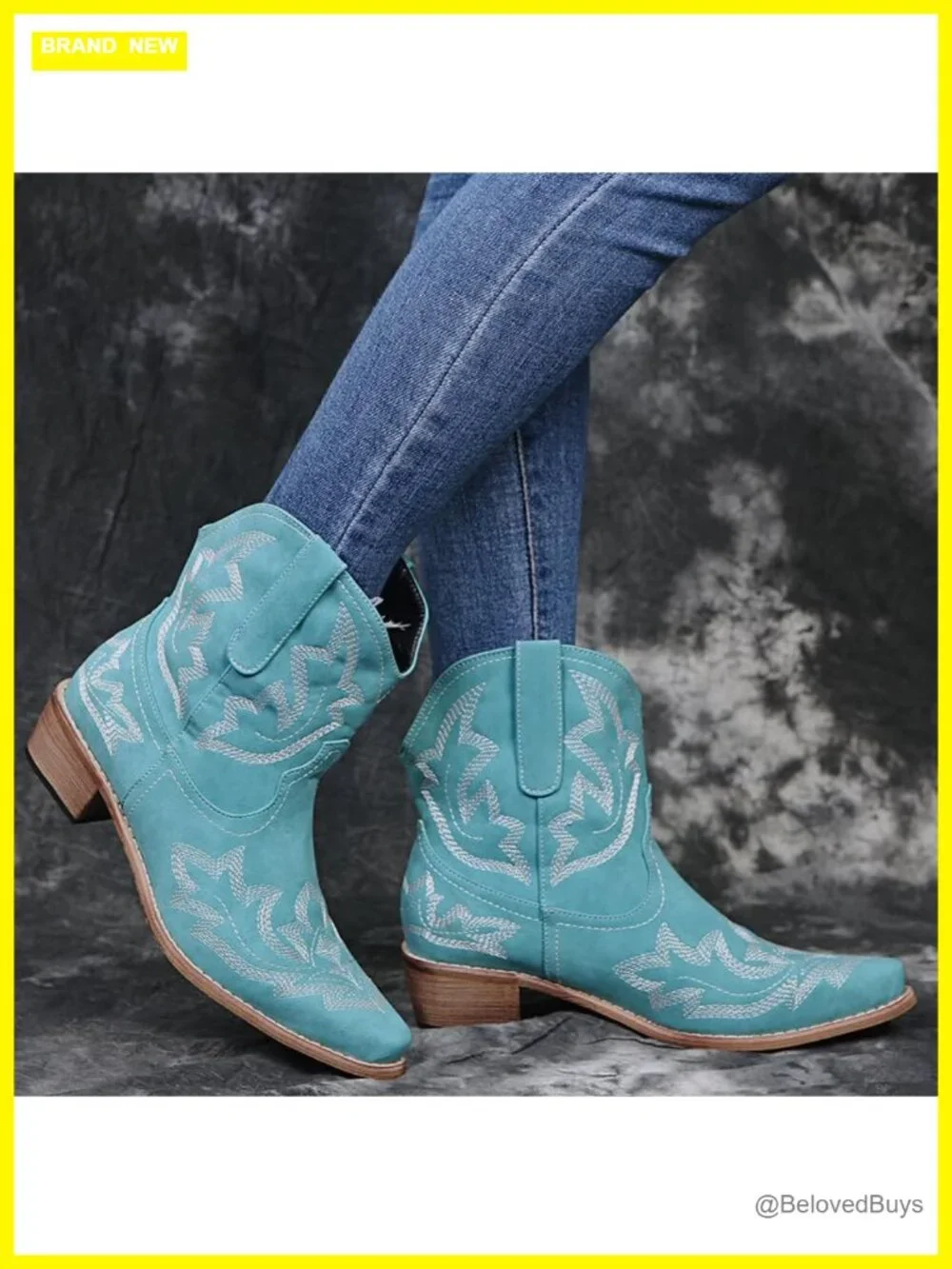 Cowgirl Western Ankle Booties Pointed Toe Low Chunky Heel Embroidered
